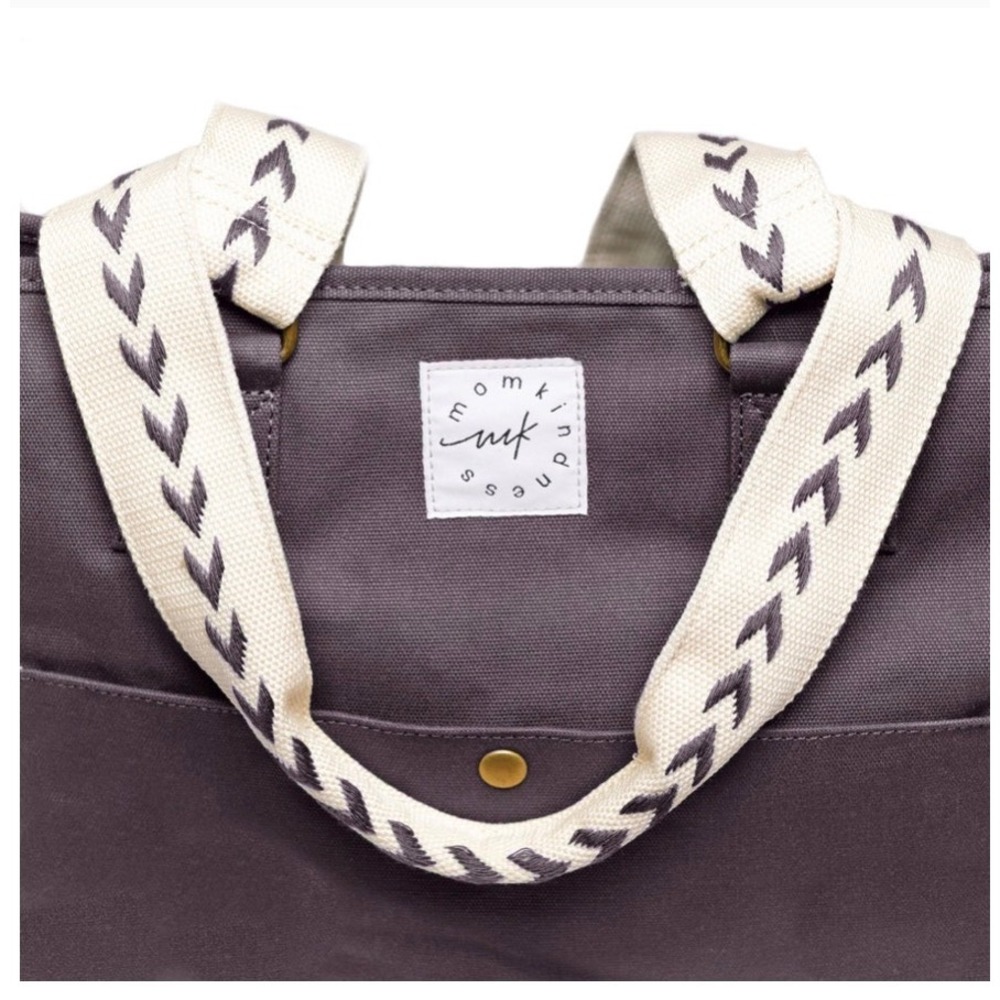 Momkindness Carry-All Tote Bag Charcoal Gry Canvas Diaper Bag Chevron Straps NWT